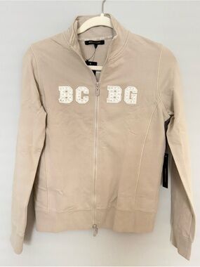 BCBG Neutral Beige Zip-Up Varsity Jacket
